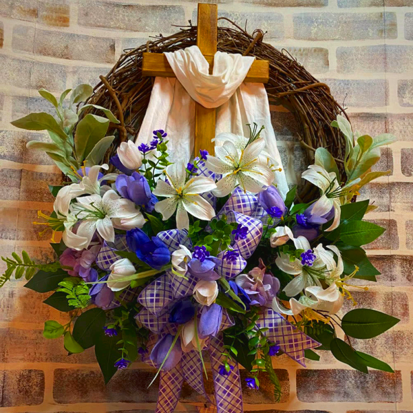 Spring Cross Wreath with White Silk Scarf - Christian Artwork