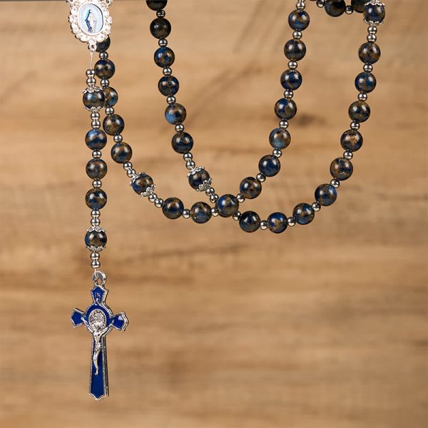 Christianartworkshop Virgin Mary & Blue Crucifix of 8mm Blue Gold Stone Beads Rosary