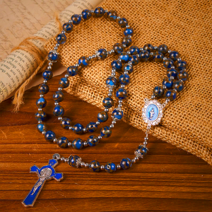 Virgin Mary & Blue Crucifix of 8mm Blue Gold Stone Beads Rosary