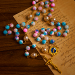 Celestial Grace Floral Handmade Rosary Miraculous Medal & Crucifix of 8mm Blue&Purple: Find Peace and Divine Connection