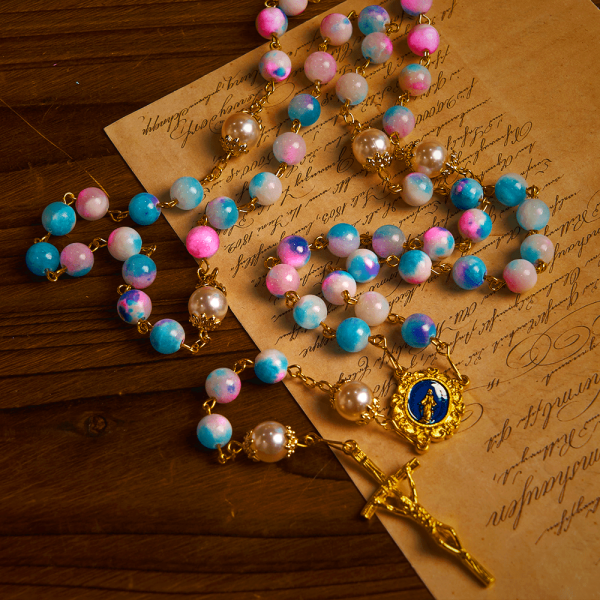 Celestial Grace Floral Handmade Rosary Miraculous Medal & Crucifix of 8mm Blue&Purple: Find Peace and Divine Connection