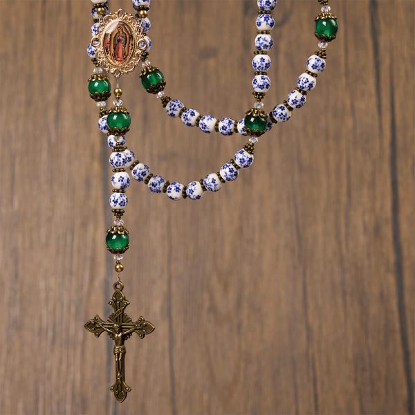 Christianartworkshop Divine Serenity Handmade Floral Rosary: Our Lady of Guadalupe & Crucifix of 8mm Ceramics&Jade