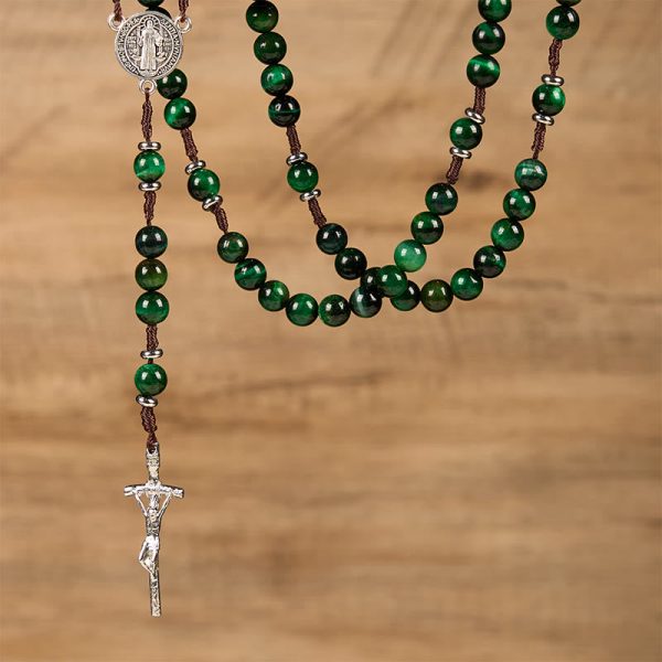 Christianartworkshop St. Benedict Medal & Crucifix of 8mm Green Tiger's Eye Rosary—Discover Tranquility and Spiritual Strength
