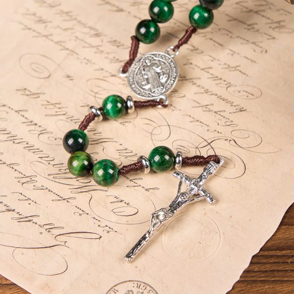 Christianartworkshop St. Benedict Medal & Crucifix of 8mm Green Tiger's Eye Rosary—Discover Tranquility and Spiritual Strength