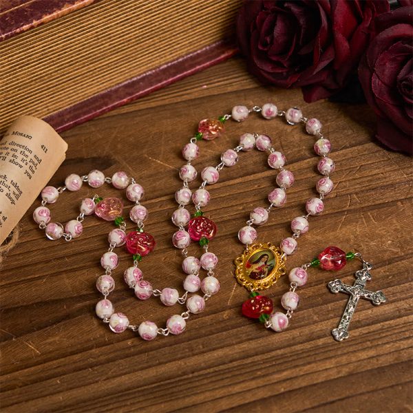 Christianartworkshop St. Therese Medal & Crucifix of 8mm Rose & Ivory Floral Elegance Rosary—Embrace the Grace and Beauty of Faith