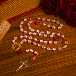 St. Therese Medal & Crucifix of 8mm Rose & Ivory Floral Elegance Rosary—Embrace the Grace and Beauty of Faith