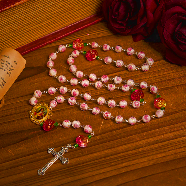 St. Therese Medal & Crucifix of 8mm Rose & Ivory Floral Elegance Rosary—Embrace the Grace and Beauty of Faith
