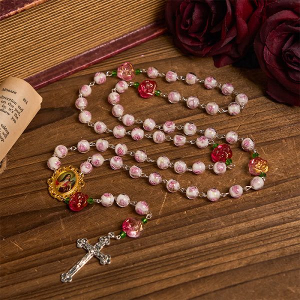 Christianartworkshop PRAYERFUL FAITH: Handmade Rose & Ivory Floral Elegance Rosary with Gift Card