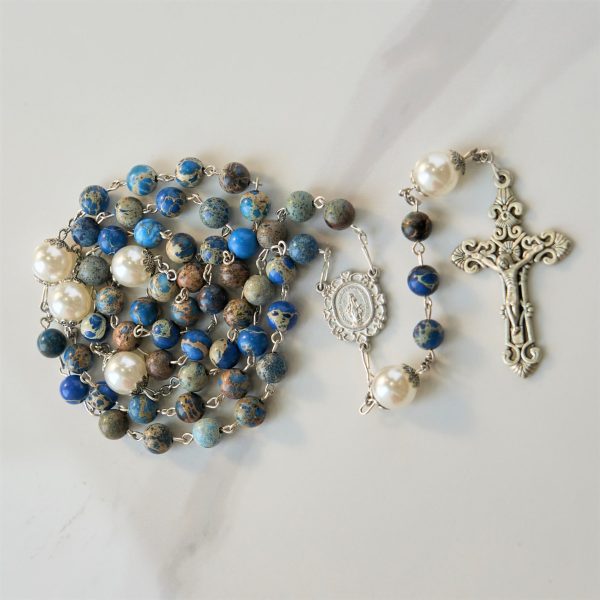 Christianartworkshop Miraculous Medal & Crucifix of 8mm Deep Blue Imperial Stone Handmade Rosary for Daily Pray