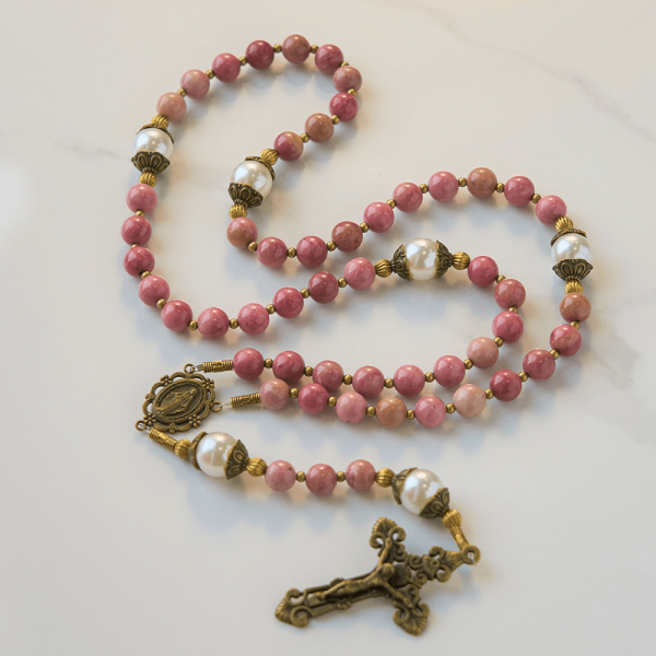 Christianartworkshop Miraculous Medal & Crucifix of 8mm Natural Red Wood Vein Stone Handmade Rosary Beads