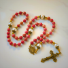 Miraculous Medal & Crucifix of 8mm Natural Red Wood Vein Stone Handmade Rosary Beads