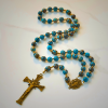 Blue Pattern Beads Handmade Rosary: Miraculous Medal & Crucifix of 8mm Authentic Larimar Stone