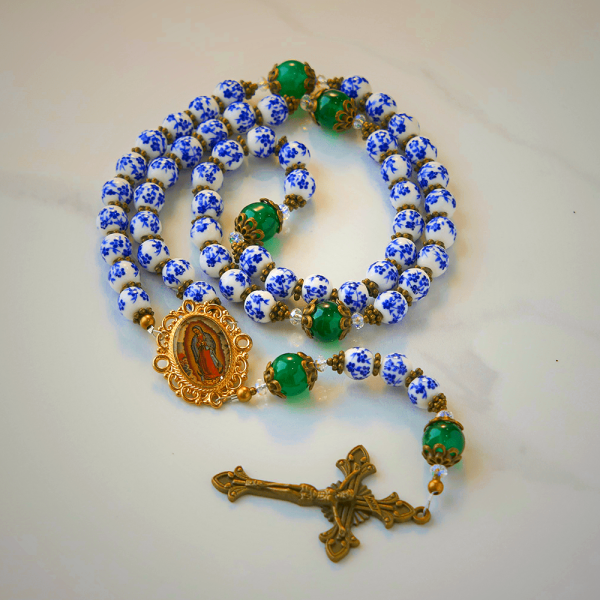 Divine Serenity Handmade Floral Rosary: Our Lady of Guadalupe & Crucifix of 8mm Ceramics&Jade