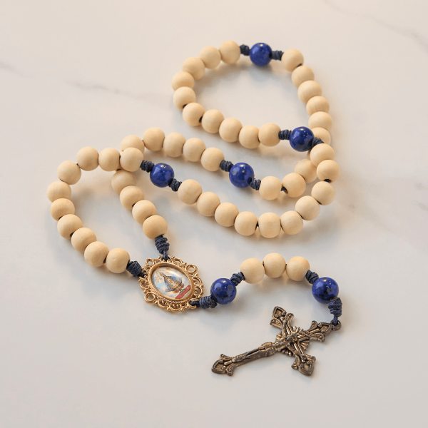 Christianartworkshop PRAYERFUL FAITH: 10mm Handmade Wooden Beads Lapis Lazuli Beads Rosary