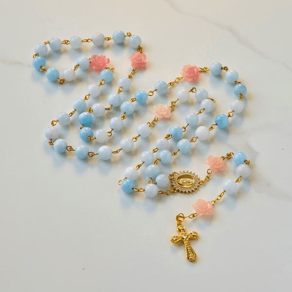 Christianartworkshop Our Lady of Guadalupe & Crucifix of 8mm Handmade Blue Aquamarine Chalcedony Beads Rosary