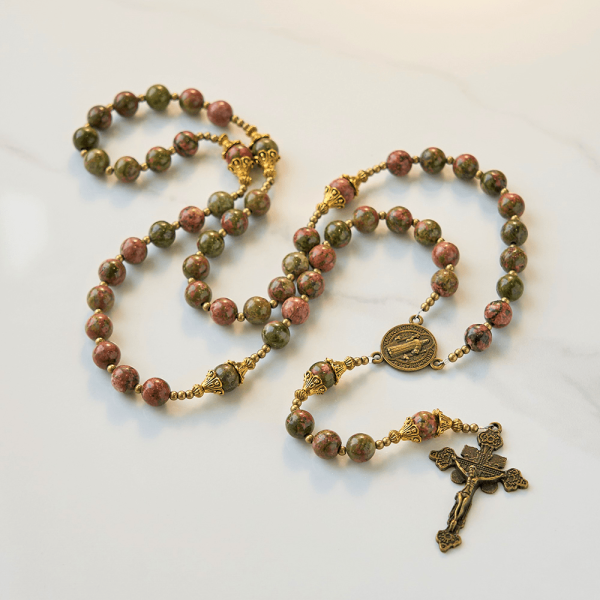 Christianartworkshop St. Benedict & Crucifix of 8mm Handmade Chrysocolla Stone Rosary - Exclusive Crafted for Holy Prayer