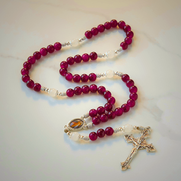 Divine Mercy & Crucifix of 8mm Garnet Chalcedony Rosary - Handmade Divine Beads