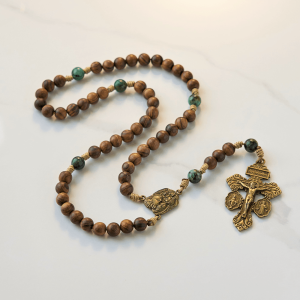 Christianartworkshop Holy Family & Crucifix of 8mm Handmade Pine Wood & African Turquoise Rosary