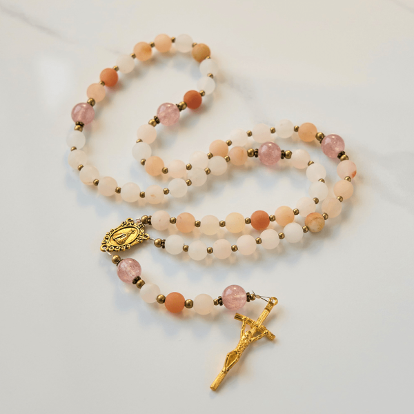 Christianartworkshop Our Lady & Crucifix of 8mm Handmade Pink Aventurine & Strawberry Quartz Rosary