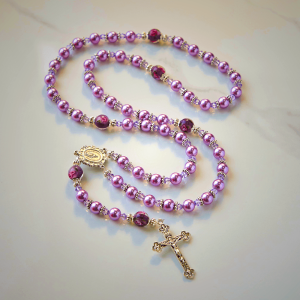 Miraculous Medal & Crucifix 8mm Purple Pearl & Crystal Handmade Rosary - Sacred Beads for Holy Prayer