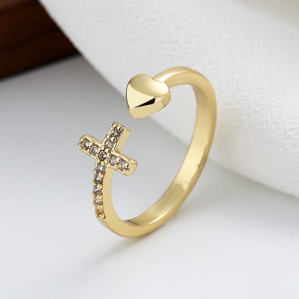 Christianartworkshop 3 Color Heart & Cross Symbol Blessed Minimalist Adjustable Ring