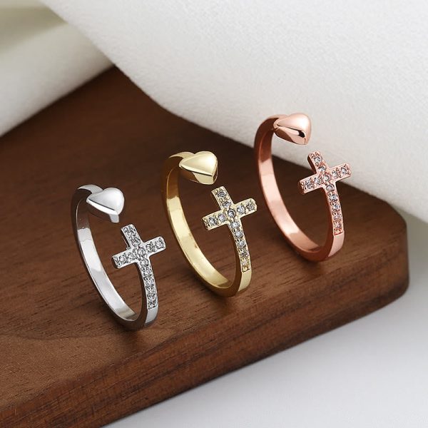 Christianartworkshop 3 Color Heart & Cross Symbol Blessed Minimalist Adjustable Ring