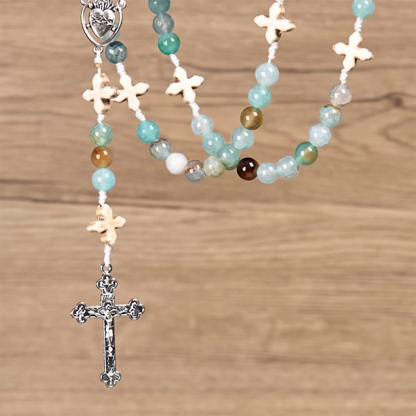 Christianartworkshop Serenity in Prayer Rosary: Handmade Peace and Devotion with 8mm Sky-blue Pattern Agate Beads