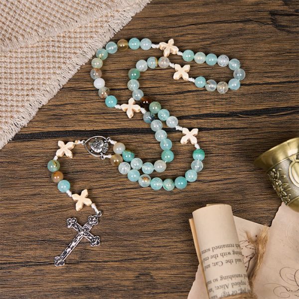 Christianartworkshop Serenity in Prayer Rosary: Handmade Peace and Devotion with 8mm Sky-blue Pattern Agate Beads