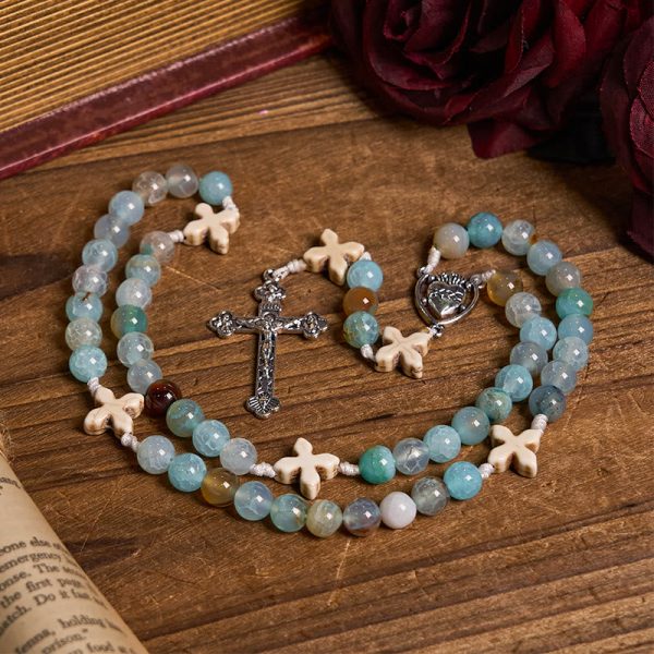 Christianartworkshop Serenity in Prayer Rosary: Handmade Peace and Devotion with 8mm Sky-blue Pattern Agate Beads