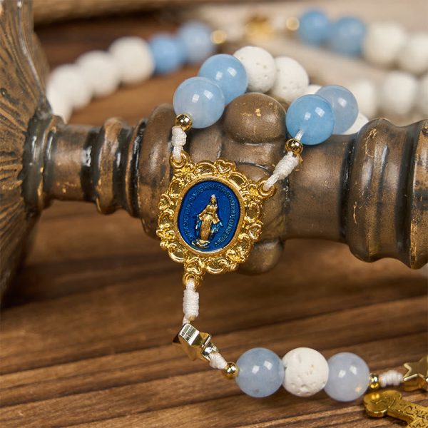 Christianartworkshop Starry Divine Handmade Rosary: Blue Agate Beads and Celestial Golden Accents