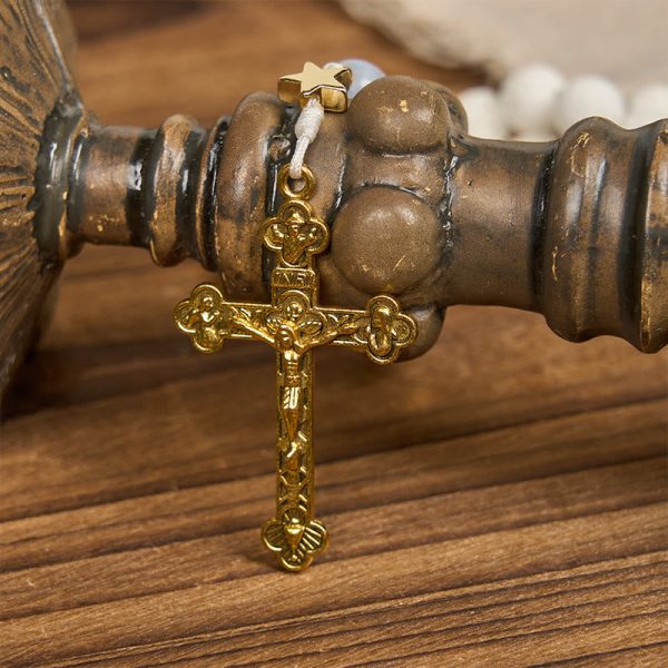 Christianartworkshop Starry Divine Handmade Rosary: Blue Agate Beads and Celestial Golden Accents