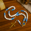 Starry Divine Handmade Rosary: Blue Agate Beads and Celestial Golden Accents