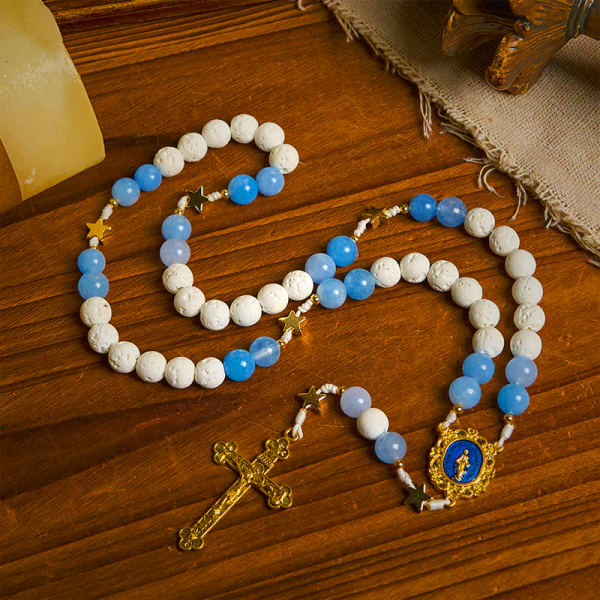 Starry Divine Handmade Rosary: Blue Agate Beads and Celestial Golden Accents