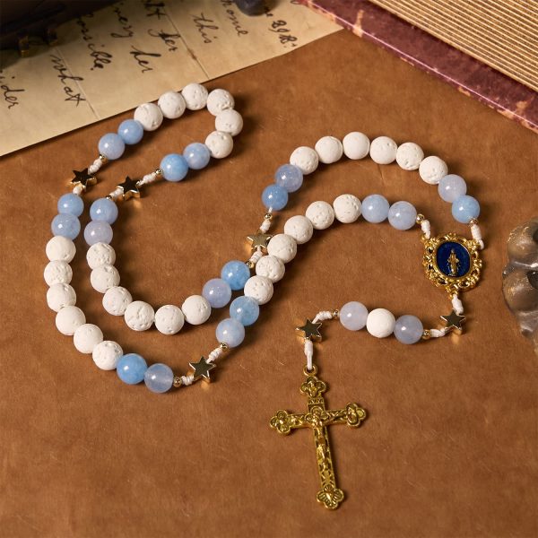 Christianartworkshop Starry Divine Handmade Rosary: Blue Agate Beads and Celestial Golden Accents