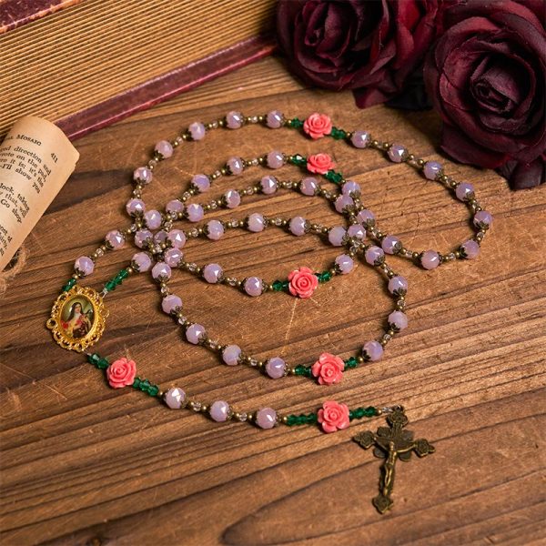 Christianartworkshop Handmade Floral Crystal Rosary: Light Pink Beads Blossom of Grace Elegance and Devotion