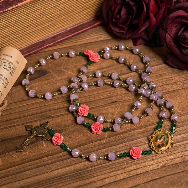Christianartworkshop Handmade Floral Crystal Rosary: Light Pink Beads Blossom of Grace Elegance and Devotion