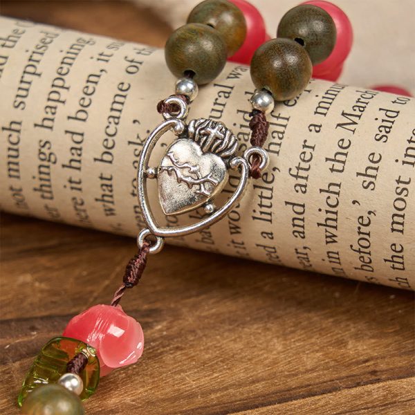 Christianartworkshop Handmade Floral Rosary with Green Sandalwood & Peachy-Pink Bodhi Seed Beads – A Floral Tribute to the Sacred Heart