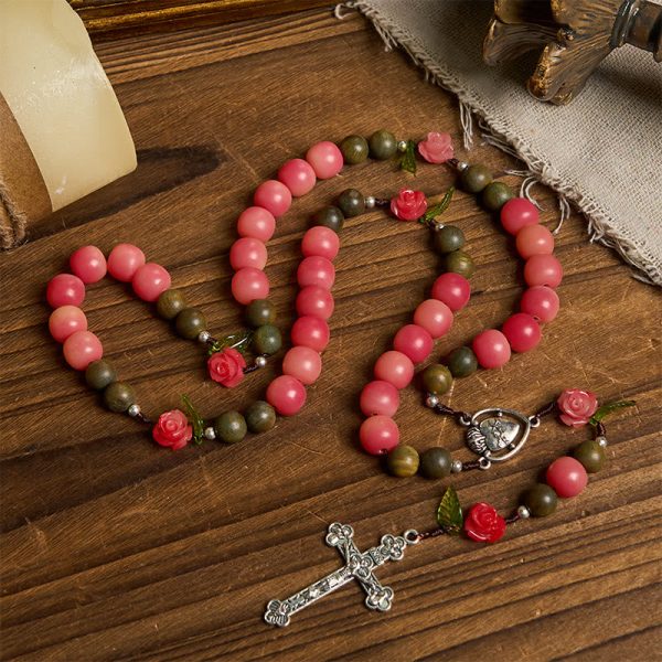 Christianartworkshop Handmade Floral Rosary with Green Sandalwood & Peachy-Pink Bodhi Seed Beads – A Floral Tribute to the Sacred Heart