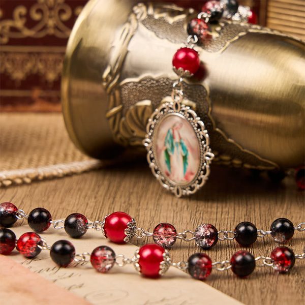 Holy Gail & Miraculous Medal of 8mm Black-red Glass Round Beads Rosary