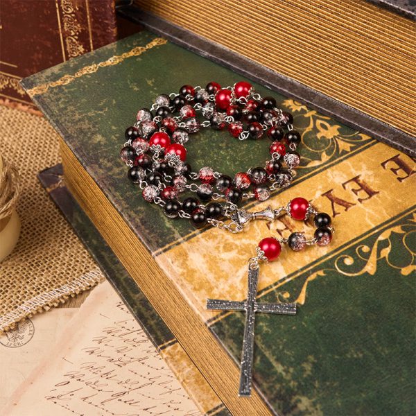 Holy Gail & Miraculous Medal of 8mm Black-red Glass Round Beads Rosary