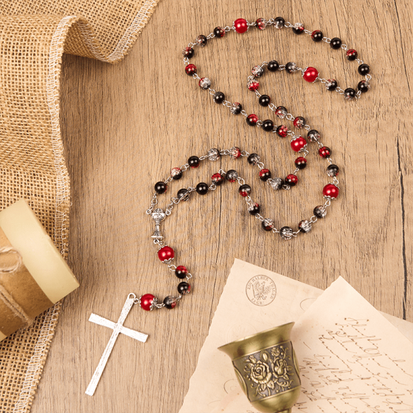 Holy Gail & Miraculous Medal of 8mm Black-red Glass Round Beads Rosary