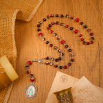Holy Gail & Miraculous Medal of 8mm Black-red Glass Round Beads Rosary