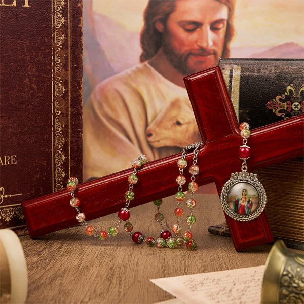 Jesus Heart & Marry Medal of 8mm Orange-green Glass Round Beads Rosary