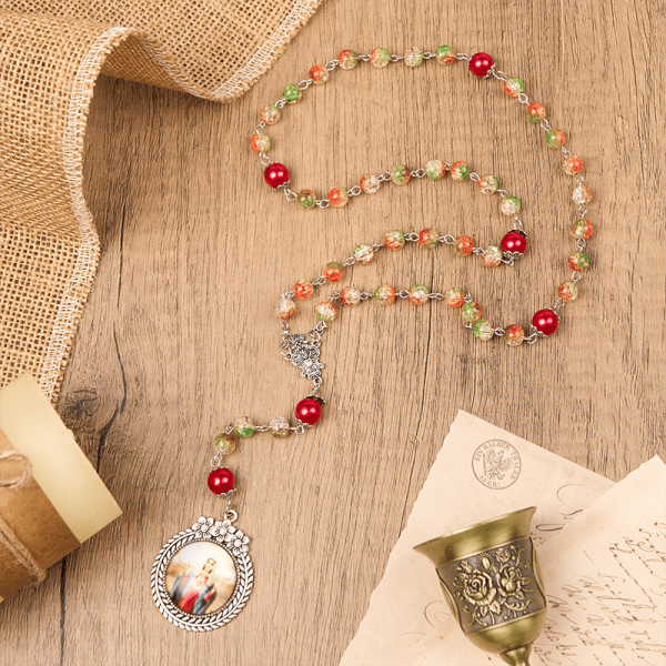 Jesus Heart & Marry Medal of 8mm Orange-green Glass Round Beads Rosary