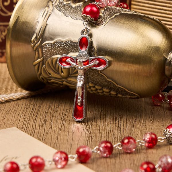 Virgin Marry & Crucifix of 8mm Red Glass Round Beads Rosary