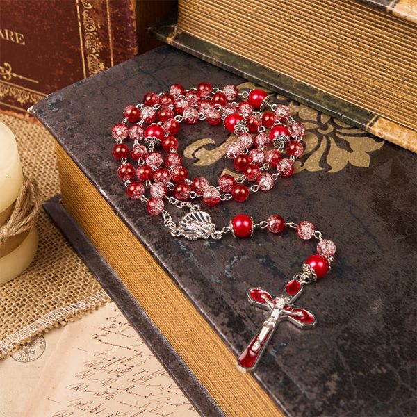 Virgin Marry & Crucifix of 8mm Red Glass Round Beads Rosary