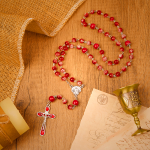 Virgin Marry & Crucifix of 8mm Red Glass Round Beads Rosary