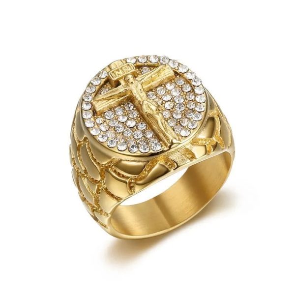 Christianartworkshop Adorn Your Faith: The Divine Golden Pattern Gemstones Crucifix Ring