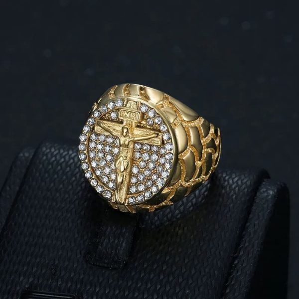 Christianartworkshop Adorn Your Faith: The Divine Golden Pattern Gemstones Crucifix Ring