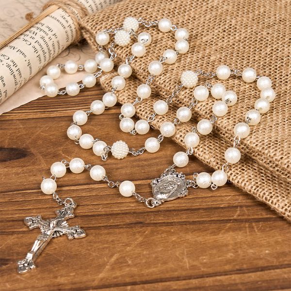 Our Lady Medal & Crucifix of 8mm White Acrylic Round Beads Rosary